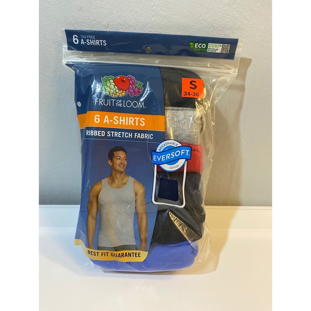 Fruit of the Loom Mens 6 Pack A-Shirts EverSoft Ribbed Tank Tops Assorted Small